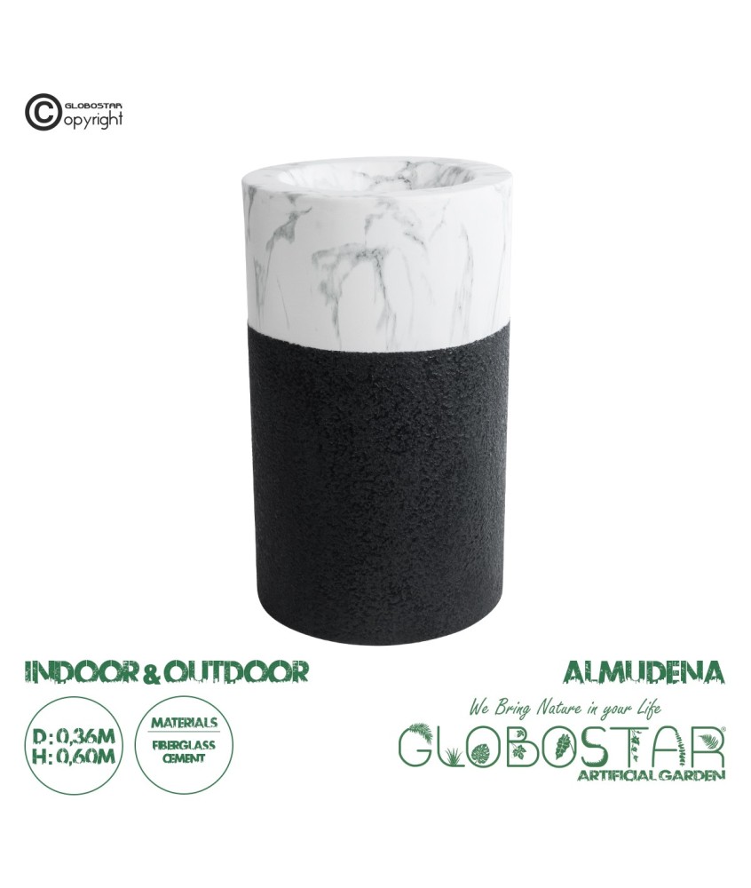 GloboStar® Artificial Garden ALMUDENA 20769 Επιδαπέδιο Πολυεστερικό Τσιμεντένιο Κασπώ Γλάστρα - Flower Pot Μαύρο με Λευκό Φ36 x Υ60cm
